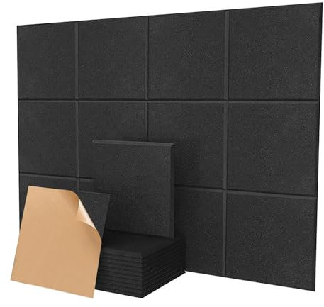 Btstil 12 Stück Quadratische Akustikplatten Selbstklebend, 30 x 30 x 1cm Hohe Dichte Schallabsorber Schallschutz für Decken Tür, Wanddekoration und Akustische Behandlung (Schwarz, Quadratische)