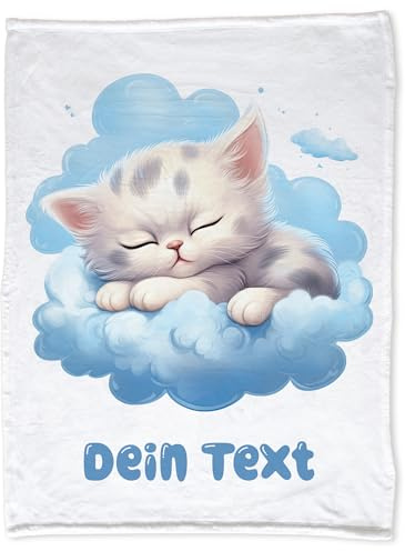GRAZDesign Babydecke mit Namen personalisiert Katze auf Wolke blau flauschig, Baby Kuscheldecke zur Geburt, Geburtstag, Weihnachten 100x75cm - Fleecedecke
