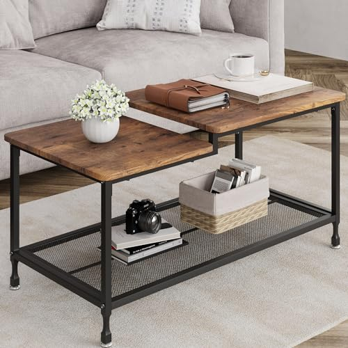 HAUSPROFI 2-Stufiger Couchtisch - Wohnzimmertisch aus MDF-Holz Mit Stahlgestell und Unterer Ablage, Sofatisch Modern im Industrie-Design, Coffee Table Einfache Aufbau