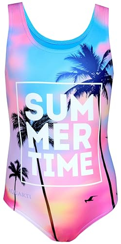 Aquarti Mädchen Badeanzug mit Ringerrücken Print, Farbe: Summer/Time/Blau/Pink/Lila, Größe: 134