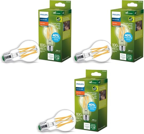 PHILIPS LED 100W A19 3-Pack Ultra Efficient Soft White LED Bulbs (2700K) 1520 Lumen (8.9W = 100W) Dimmable Clear Flicker-Free Light Bulbs