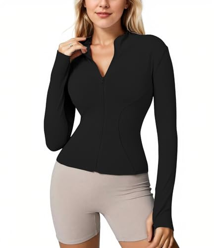 Memoryee Sportshirt Damen Langarm Gym Sport Top Oberteile Activewear Fitness Yoga Trainingsjacke Laufshirt Enge Sportjacke mit Reißverschluss und Daumenloch B-Schwarz1 M