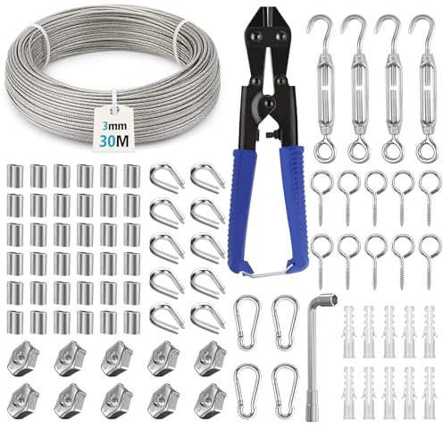 JAYZUUM 81 PCS Stahlseil Set, 3mm Drahtseil, 35m lang, 304 Edelstahlseil mit Drahtschneider, Rankhilfen für Kletterpflanzen, Gardinenseil, Zaun