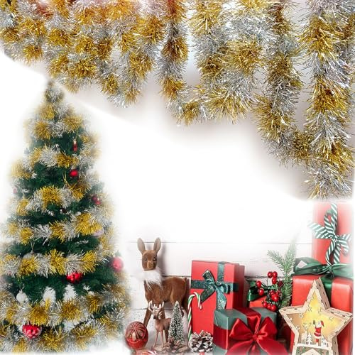 Lametta-Girlande, Weihnachts-Lametta-Girlande, Glitzergirlande, Tannengirlande, Treppengirlande, Weihnachtsfeier-Dekoration, Christbaumschmuck 5X 2 m(Gold-Silber)