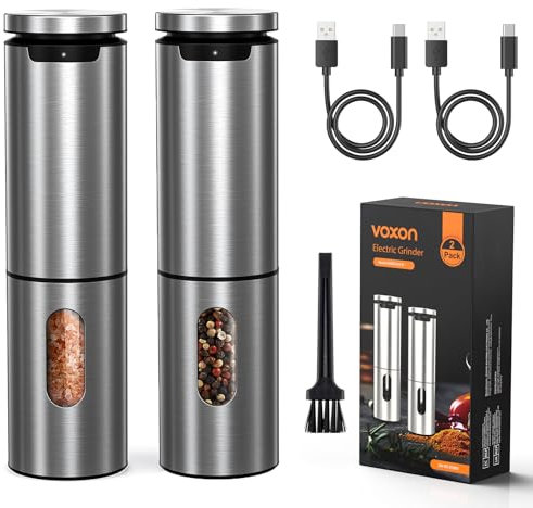 VOXON Electric Salt and Pepper Grinder Set – Rechargeable Stainless Steel Pepper Grinder with Durable Metal Container, One-Hand Operation, 5 Grind Settings & LED Light, Gift Sets, Silver