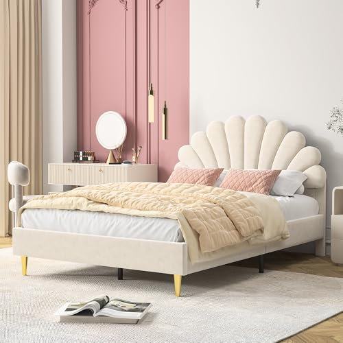 Callicarpa Kinderbett Polsterbett 140x200 cm, Kinderbett 140x200, Bettgestell für Mädchen mit geblümtem Kopfteil und Lattenrost,Samt Doppelbett muschelartiges Bett mit goldenen Eisenbeinen (Beige)