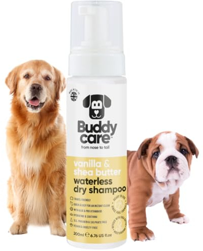 Buddycare Torrschampo för hundar (200 ml) | Vanilj och sheasmör – torrschampo för hundar med känslig hud | Naturlig, lätt att använda för en fräsch, ren päls
