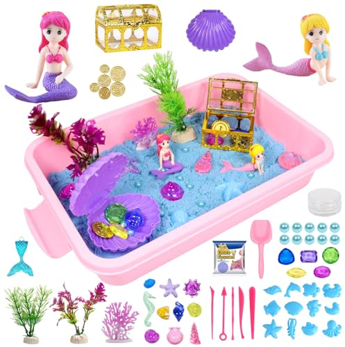 Ocean Magic sandset, sjöjungfru kinetisk knådande leksak, sensorisk lek, magisk sandleksak med 500 g leksand, sandlåda, mussla, ädelstenar etc, magisk sandlåda set för pojkar flickor från 4
