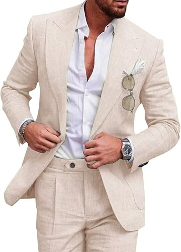 UNINUKOO Leinenanzug für Herren, Sommer, Hochzeit, 2-teiliges Anzug-Set, Spitzrevers, lässige Blazer-Hose, Strandkleidung für Herren, Beige, 3XL