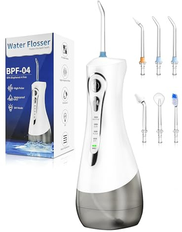Vattenflosser Oral Irrigato Tandplackborttagare 320ml IPX7 Vattentät 360° Rotation，4 Rengöringslägen 6 Water Jet Munstycken-Bleka Tandrengöring för Hem Och Resor(Vit)