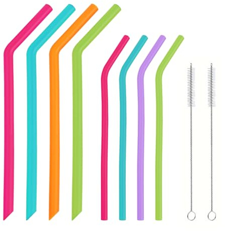 SYEYCW 8 Piezas Pajitas de Silicona Reutilizables, Suave Pajas Coloridas con 2 Cepillos de Limpieza, Adulto Niños Pajitas de Curva de Silicona, para Batidos, Jugo, Café, Cóctel, 5 Colores