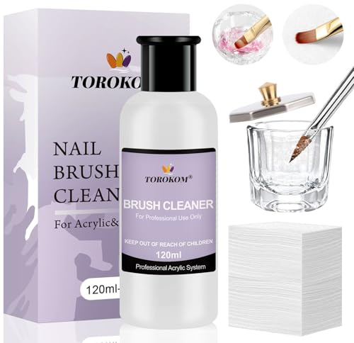 TOROKOM Acrylic Nail Brush Cleaner, 4 OZ Acrylic Brush Cleaner Nail Brush Cleaner Conditioner with Dappen Dish and Nail Cleaning Pads for Quickly Clean Gel Polish, Nail Extension Gel, Acrylic Nails