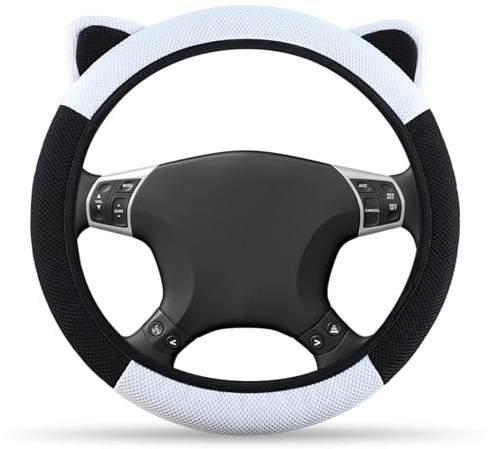 SacJkt Lenkradbezug, Lenkradabdeckung mit Nettes Ohrstyling, Internem Anti-Rutsch, Universal Auto Lenkradhülle Für Vier Jahreszeiten（Schwarz und Weiß）