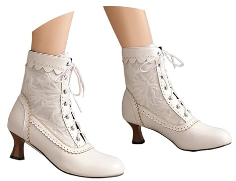 pvucpot Stivaletti Tacco Basso Donna Stivali Vittoriani Vintage Stivali Punk Gotici con Gambo Corto Stivali in Pelle a Punta PU Ankle Boots con Zip con Lacci Stivali per Costumi da Festa
