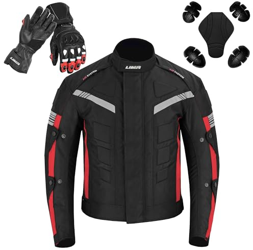 LIMA MOTO Men’s Motorcycle Jacket 4 Season Cordura Textile Biker Jacket Waterproof Windproof with CE Armor, Air Vents & Removable Thermal Liner With Leather Gloves Set