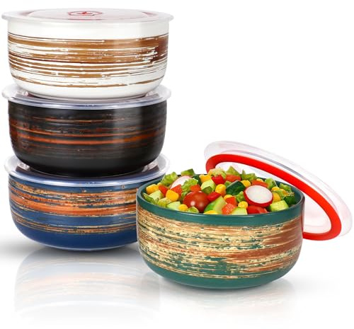 4er-Set Keramikschalen mit Deckel, 680 ml, für Suppe, Müsli und Salat