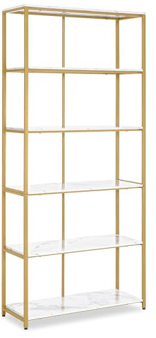 Barberpub Bücherregal Gold, Standregal mit 5 Ebenen, Büroregal mit Metallrahmen, Regal für Büro, Wohnzimmer, Schlafzimmer, Küche, Nagelstudio, 5166 (Weiß-Gold)