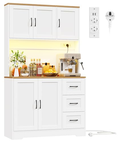 BEWISHOME Credenza Cucina Soggiorno, Alta con Illuminazione a LED, Mobile Dispensa Cucina con 5 Ante e 3 Cassetti, Ripiani Regolabili, con 2 Prese Elettriche e 2 Porte USB, Bianco,100x40x180 cm