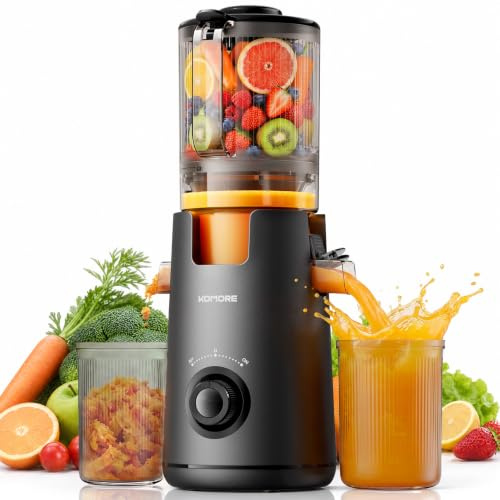 KOMORE Cold Press Juicer Machines, 130MM Chute, Whole Fruit Juicer, Black | Slow Juicer for whole Fruits and Vegetable, 1.4L, 300W, BPA Free, Easy-Clean, High Yield, Safety Lock & Reverse Function
