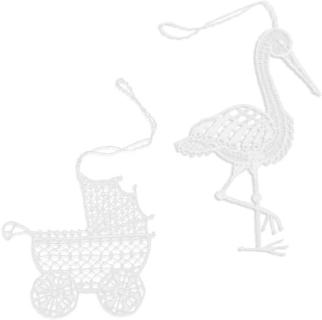 Logbuch-Verlag fällbar spets hänge uppsättning av 2 stork och barnvagn vit bomull 12 cm och 9 cm filigran fönsterdekoration för födseln dop baby shower gåva
