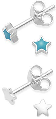 SET OF 2 PAIRS: Heather Needham Sterling Silver Star Earrings - Turquoise colour & plain silver - SIZE: TINY TEENY WEENY! 3mm. Gift Boxed 5572LB/5148
