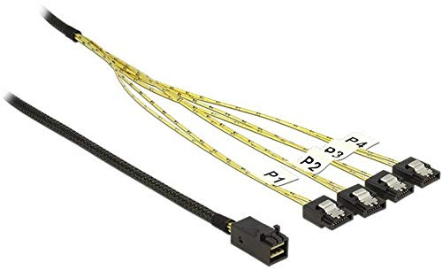 DeLOCK 83393 Cable Serial Attached SCSI (SAS) 1 m - Cable SAS (1 m, 1 x Mini SAS HD x 4 SFF 8643, 4 x SATA 7p, Male Connector/Female Connector, Negro, Plata)