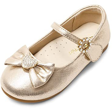 DREAM PAIRS Girls Mary Jane Dress Shoes Heart Rhinestone Front Bow Ballerina Flat for Wedding, Party, Birthday, Christmas (Toddler/Little Kid),Size 5 Toddler,Gold,ANGEL-22-1