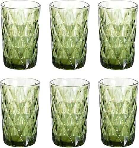 Vintage 6er-Set Farbige Weingläser und Trinkgläser mit Diamant Muster (Rombus) Longdrinkgläser, Cocktail Gläser mit Prägung, Glas, Trinkglas, Weinglas, Wasserglas, Glaskelche (Grün Trinkglas)