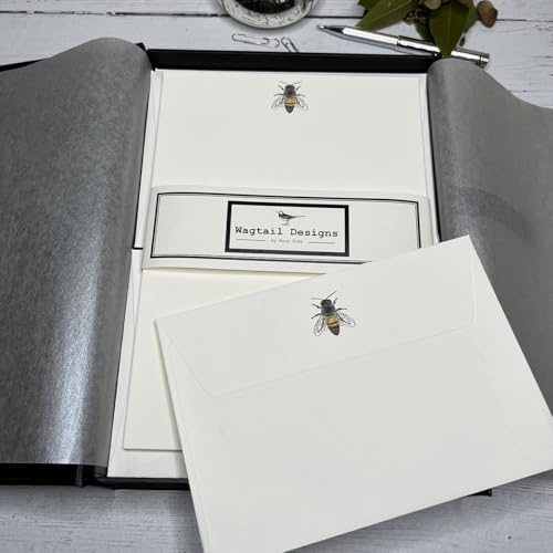 Wagtail Designs Writing Paper Gift Set with a Honey Bee Illustration in a Lovely Black Box with Ribbon (18 Sheets of Quality Letter Writing Paper and envelopes)