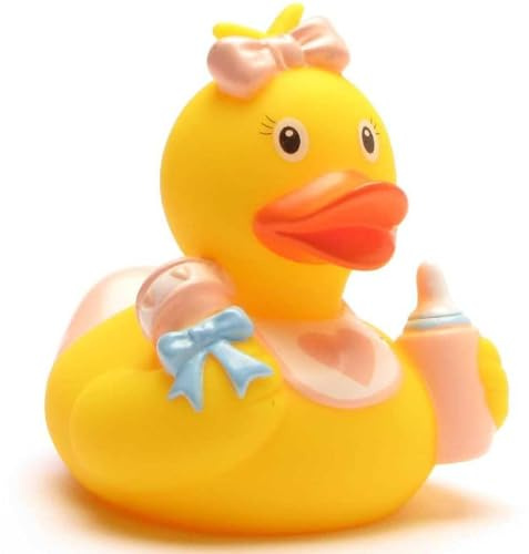 Duckshop I Badeente Baby Mädchen I Quietscheente I inkl. Quietscheentchen- Schlüsselanhänger im Set I Geschenk Eltern I Präsent Baby-Party