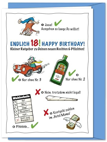 bernsteinfee-CARDS Lustige und freche XL Geburtstagskarte zum 18. Geburtstag, zur Volljährigkeit, Karte zum 18., zum Erwachsen werden - inklusive Umschlag (DIN A5)