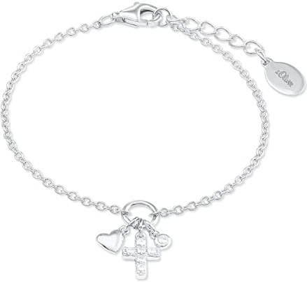 s.Oliver Armband 925 Sterling Silber Mädchen Kinder Armschmuck, mit Zirkonia synth., 14+2 cm, Silber, Kreuz, Kommt in Schmuck Geschenk Box, 2022704