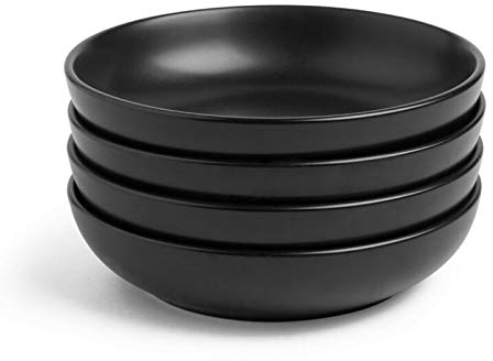 VonShef Bowl Set for 4, 22cm Diameter Stoneware Bowls with Matte Black Finish, Dishwasher & Microwave Safe Tableware, Ideal for Pasta, Noodles or Cereal