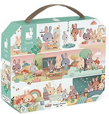 Janod - Kinderpuzzle EIN Tag 24 Teile - Lernspielzeug Feinmotorik und Konzentration - Koffer mit Griff FSC-Zertifiziert - Ab 3 Jahren, J02601