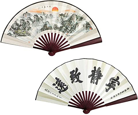 2 Stück große faltbare Handfächer, 33 cm Bambus-Stofffächer mit traditioneller chinesischer Malerei für Aufführung, Dekorationen und Geschenke (Berg und Wasser)