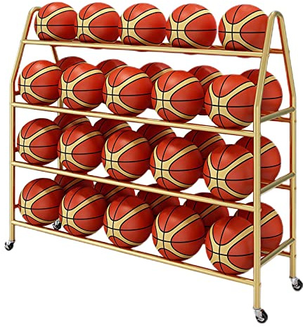 whalebee Organizzatore per Palloni Porta Palle da Basket Rastrelliera da Calcio L 82cm 97cm 123cm 140cm Scaffale di Stoccaggio della Palla 4 Livelli con Ruote Rack di Pallacanestro