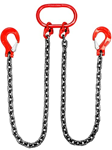 QWORK® 3T Catena di sollevamento - 1 m - 2 fili - Catena in acciaio al manganese G80 (8 mm) - Gancio in acciaio legato ad alta resistenza