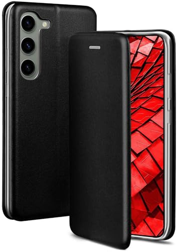 ONEFLOW Mobiltelefonfodral kompatibelt med Samsung Galaxy S23 – vikbart fodral, mobilfodral med kortfack, flip fodral call funktion, läderutseende, vikbart fodral med silikonstötdämpare, svart