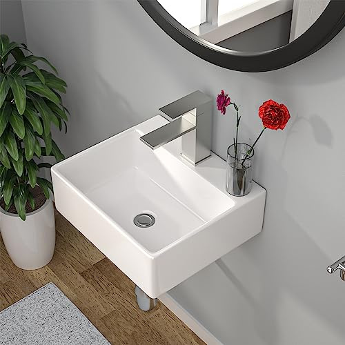 Kichae Wandmontage, kleines Gefäß-Waschbecken, Eck-Schwimmspüle, rechteckig, 33 x 27,9 cm, modernes Badezimmer, weißes Porzellan-Keramikgefäß, Waschtischspüle mit Wasserhahnloch