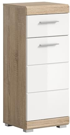 xonox.home - Standschrank Lambada 37x88x31 cm in Sonoma Eiche hell und weiß Hochglanz - Badschrank Unterschrank Badmöbel Badezimmerschrank - Pflegeleichte Oberfläche in Hochglanz