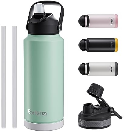 Exllena Insulated Water Bottles with Straw - 1 Litre, Stainless Steel Double-Wall Vacuum Thermal Water Bottle, Leakproof, BPA-Free (Sage Green)