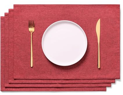 AOKSUNOVA Tischsets Stoff Platzdeckchen Leinen Platzset Rot | Abwaschbare Tischsets aus Leinenstoff,Platzdeckchen für Esstisch,Küche und Alltag,Stilvolle Tischunterlage im Set Zuhause