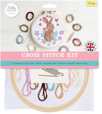 Simply Make Cross Stitch Kit - Bunny, Multicoloured, Adults' Craft Kit With Embroidery Threads