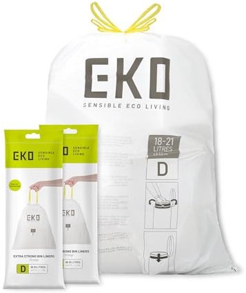 EKO Size D Bin Liners For Kitchen Bins - Extra Strong with Drawstring Tie Handles - 18-21 Litre Capacity - 20 Bags, White (Pack of 2)