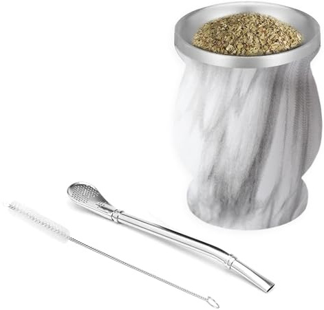 NUWIQ Tazze Mate, Con Cannuccia e Scovolino, 230 ml Yerba Mate Cup per Cucine, Ristoranti, Caffè, Motivo del Marmo