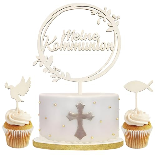 Kommunion Cake Topper,Taufe Holz Tortendeko,Kommunion Kuchenaufstecker,Kommunion Torten Topper,Cake Topper Taufe,Personalisierter Tortenstecker aus Umweltfreundlichem Holz,16cm Durchmesser