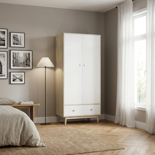 DecHome - Armadio 2 Ante con 4 Vani 2 Cassetti e Appendiabiti in Legno 90x50x190cm Bianco