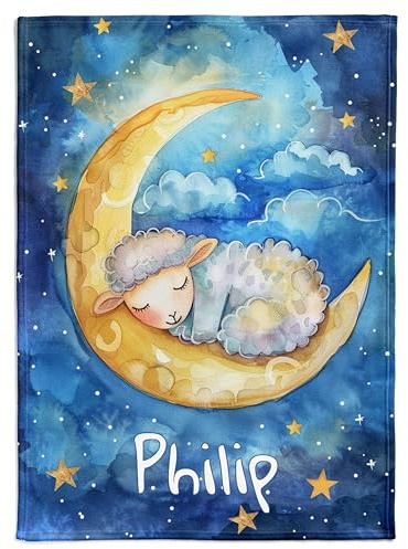 Pictogogo Personalisierte Babydecke mit Namen und Datum - Kuschelige Meilensteindecke aus Minky-Fleece, Ideal als Geburtsgeschenk (Schafe auf dem Mond)