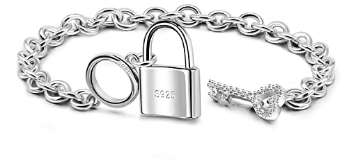 Dankadi - Pulsera ancha de 6 mm con adorno grande, candado de 22 mm y llave brillante, cadena de malla de plata 925 Amor con colgante de llave, regalo de joyas, fiesta elegante para mujer, 16CM, Plata