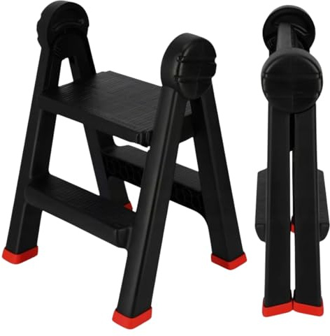B2C Folding Step Ladder 2 Step Plastic Non Slip Tread Safety Stool Heavy Duty Ladders DIY Red up to 150kg Easy Storage foldable Black